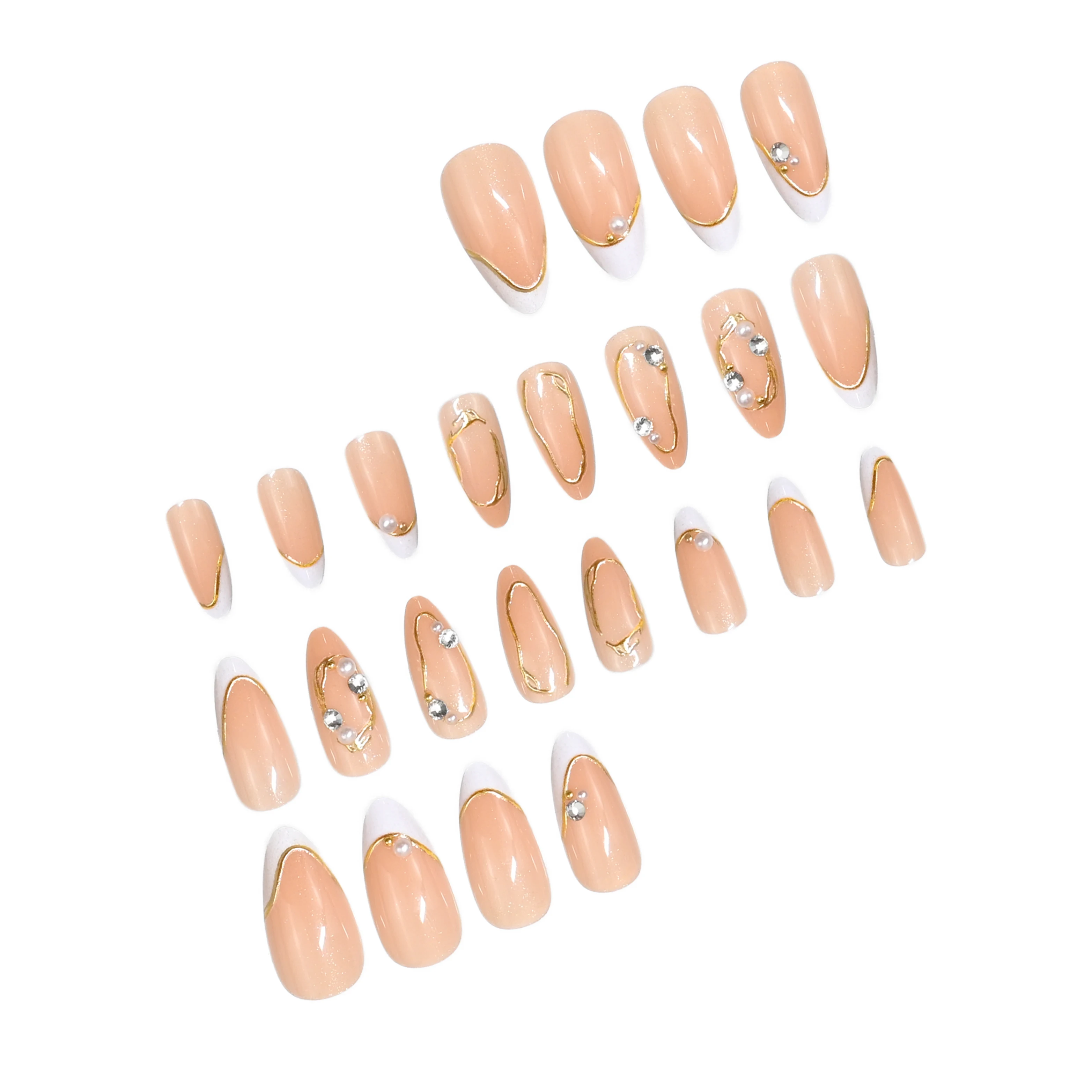 24pcs Almond Press On Nails,Nude French Fake Nails Gold Line Rhinestone Design,1 Jelly Glue+1Nail Files,Reusable Daily Wedding F - view 2