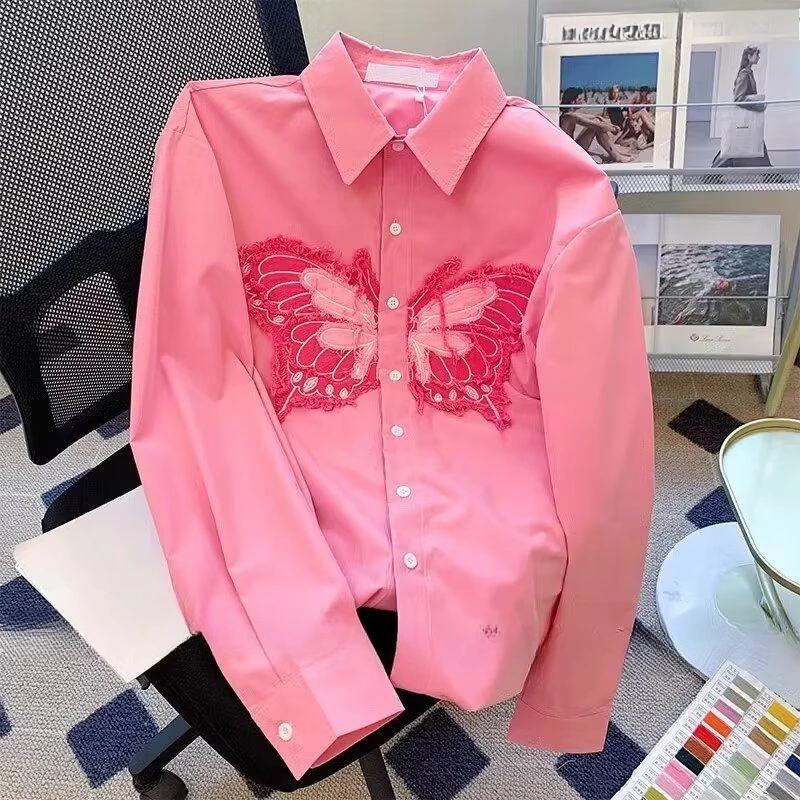 DAYIFUN Butterfly Patch Pink Shirts for Female American Retro Loose Versatile Tops Long Sleeved Lapel Women's Spring Outer Wear