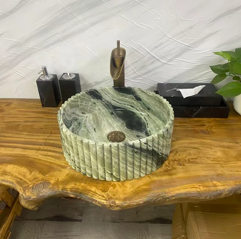 

%r Aquarius AQ969G New Design Green Marble Eco-Friendly Bathroom Curved Fluted Countertop Sink 5+ Year Warranty Top Mount