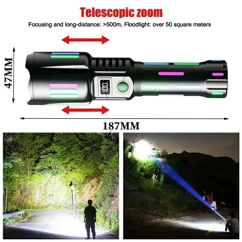 Powerful White Laser LED Flashlight Zoom Waterproof Type C Rechargeable Handlamp with Luminous Strips for Hunting Fishing view 3