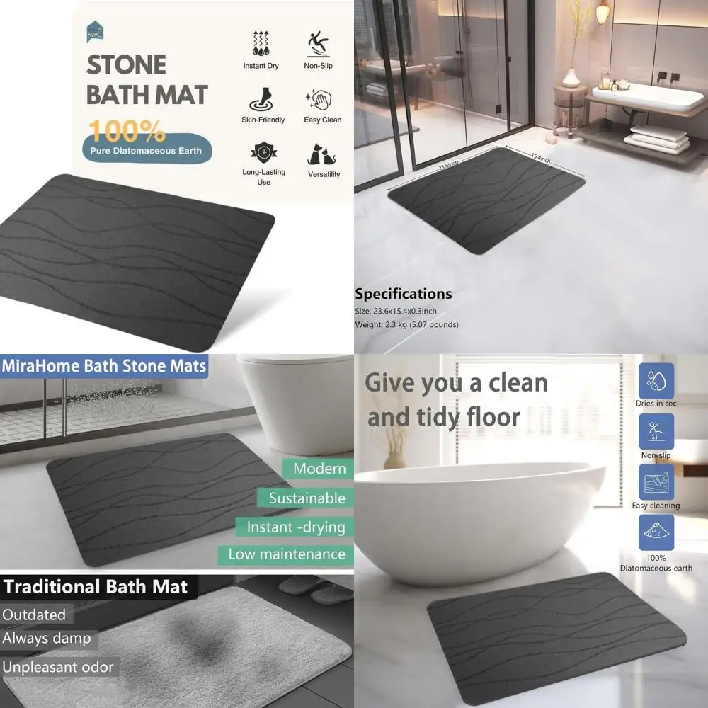 

Anti-Slip Diatomaceous Earth Bath Mat - Quick-Drying, Absorbent, Odorless, Easy Clean (Stripe Dark Grey)