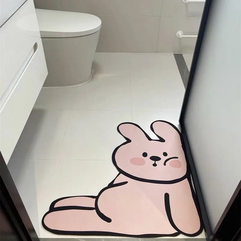 Rabbit Teddy Bear Cute Cartoon Bathroom Floor Mat Diatomaceous Mud Absorbent Foot Mat Easy To Care for Bathroom Door Mat