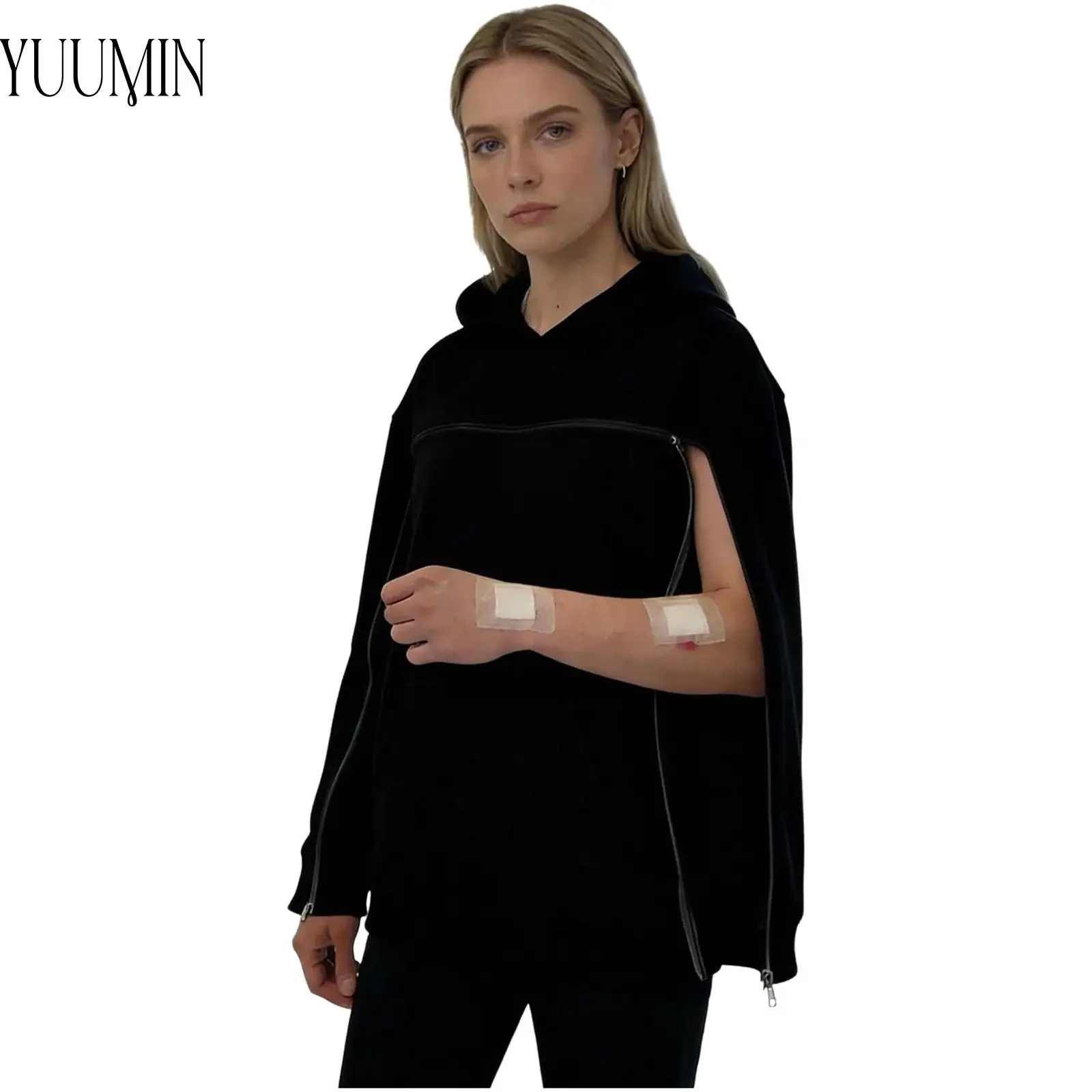 Womens Adaptive Recovery Clothing Full Arm Chest Access Hoodie Long Sleeve Fleece-Lined Hooded Pullover Sweatshirt Outdoor Wear