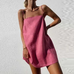 Summer New Solid Color Casual Sleeveless Backless Slip Dresses Women's Cotton And Linen Style Dress Holiday Party A-line Skirts