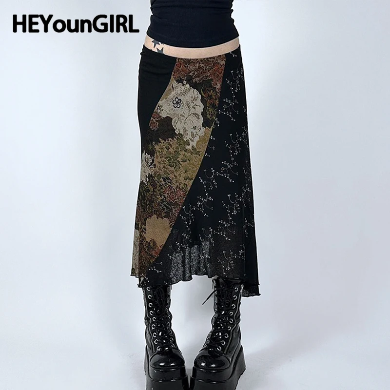 HEYounGIRL Vintage Printed Patchwork Irregular Skirt 2000s Aesthetic Chic Flower Graphic Knitted Skirt Mori Girl Style Female