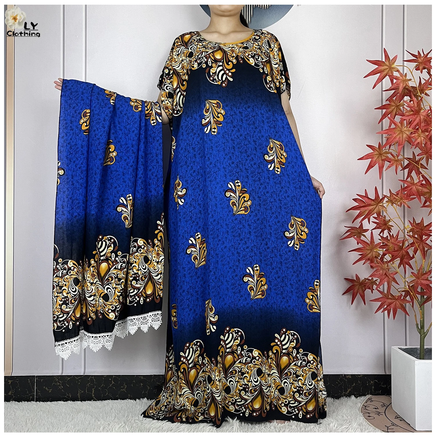 

2024 New Summer Short Sleeve Dress Floral Cotton Printed Loose Femme Robe Muslim African Woman Casual Abaya With Lace Big Scarf