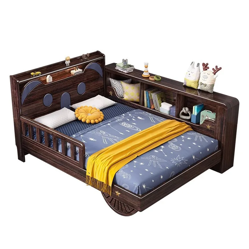 

Solid wood, purple gold sandalwood, youth guardrail splicing, widened bookshelf bed with lamp