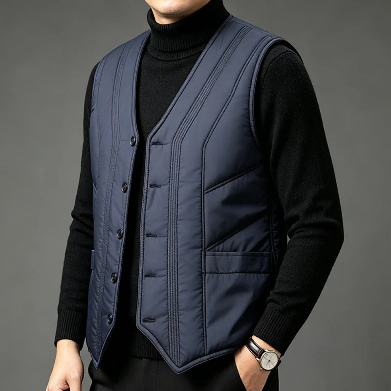 QICHE Fleece Lined Vest Men Winter Inner Wear Thick Warm Waistcoat Dad Style V Neck Button Sleeveless Jacket