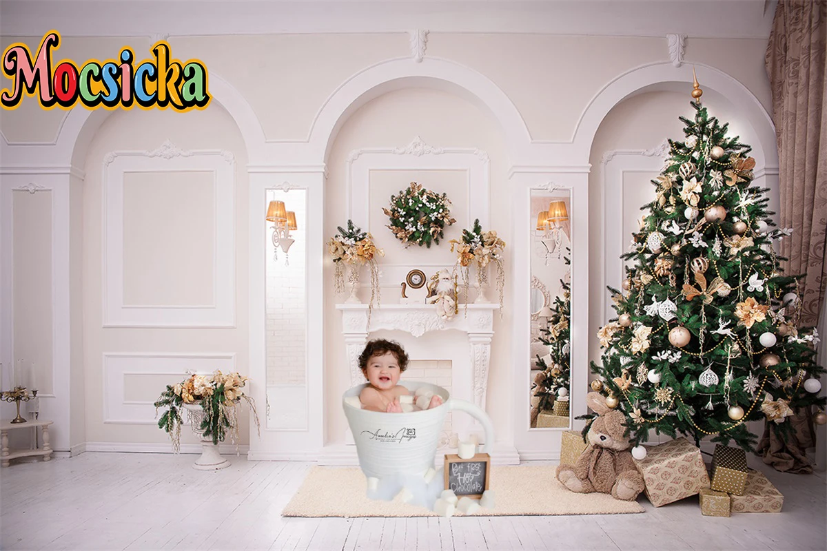 

Christmas Photography Background Decor Xmas Tree White Wall Party Cake Family Portraits Backdrop Custom Props For Photoshoot