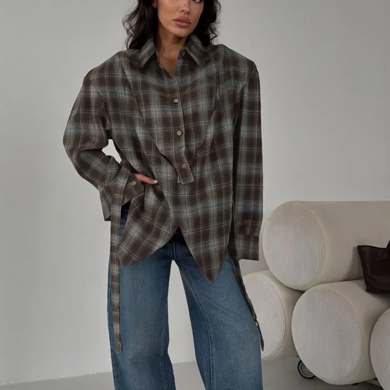 

Женская рубашка оверсайз в клетку 2026 года, винтажная, с длинным рукавом, асимметричным подолом, на завязках, повседневная свободная блузка, осенне-зимний корсетный топ