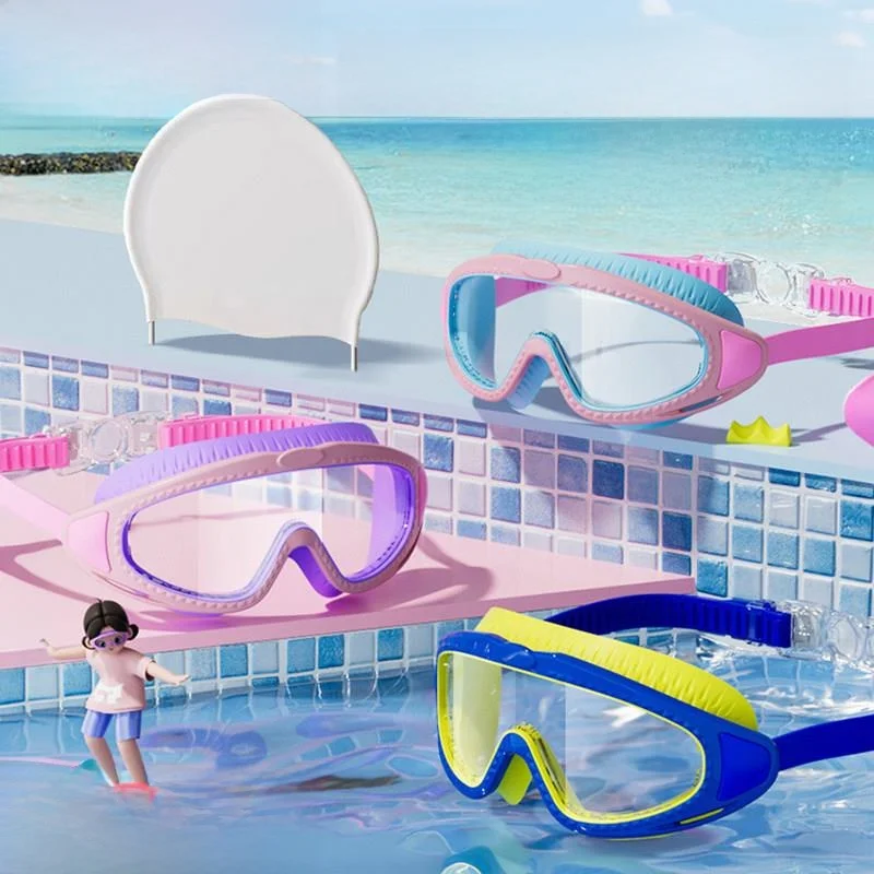 Oculos-de-natacao-para-criancas-a-prova-d'agua-anti-neblina-alta-definicao-armacao-grande-conjunto-de-chapeu-para-meninos-e-meninas