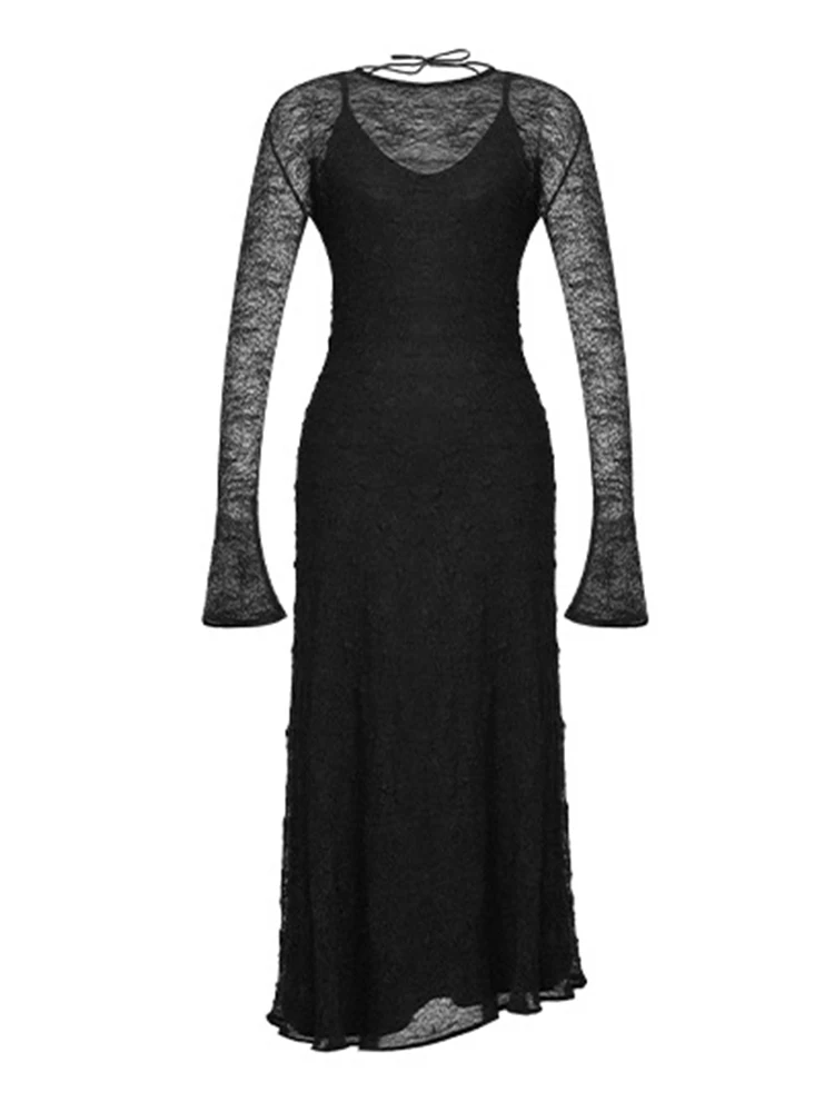 Ropa elástica para mujer, vestido largo ajustado Sexy de encaje negro transparente con cuello redondo, Vestidos elegantes para fiesta de noche y cumpleaños, bata informal