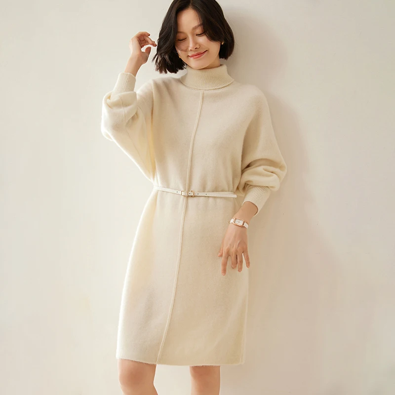 High-quality Autumn Women\'s 100% Cashmere Sweater High Collar Pullover Winter Lady Thicken Dresses Female Large Size Knit Dress