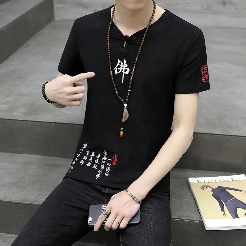 تي شيرت رجالي بأكمام قصيرة مطرز بكلمة بوذا من الكتان موضة الصيف مقاس كبير عصري اجتماعي للأولاد برقبة دائرية من القطن للشباب #3