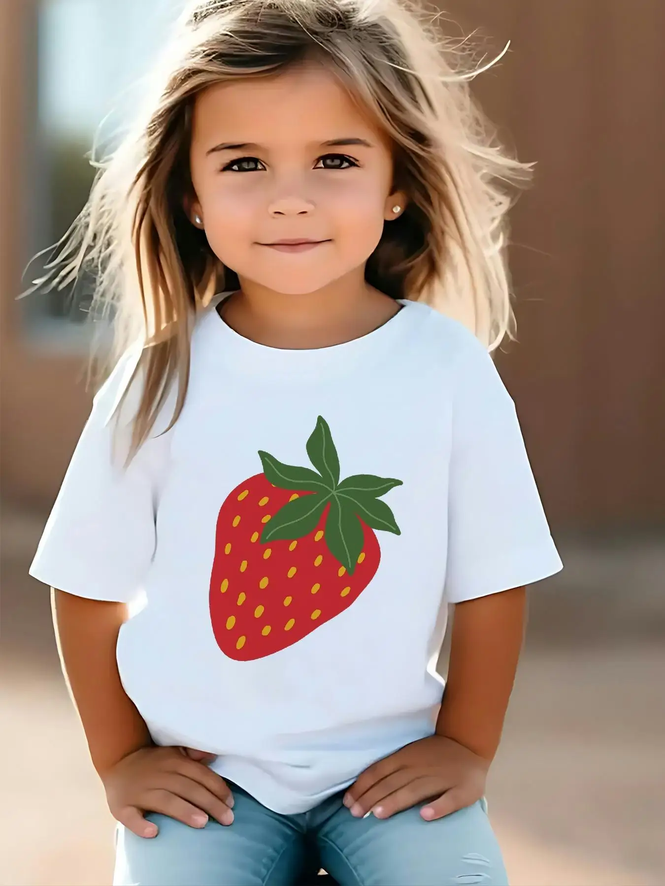 2026 Summer Fashion Girls' Pure Cotton T-Shirt with Strawberry Print, Cute Short-Sleeved Casual Round Neck Top, Breathable