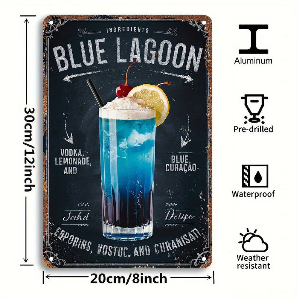 1 pieza de cartel metálico vintage con la receta de "Blue Lagoon Cocktail", arte impreso plano, decoración de pared rústica con efecto envejecido para bar y cocina