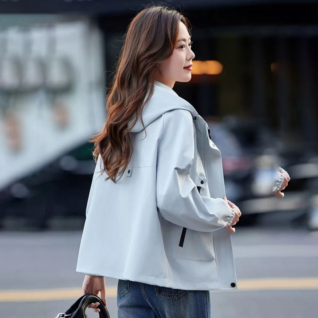 Outdoor Hooded Windbreaker Jacket Women Drawstring Zip Pocket Loose Waterproof Windproof Casual Hiking Short Coat Outerwear