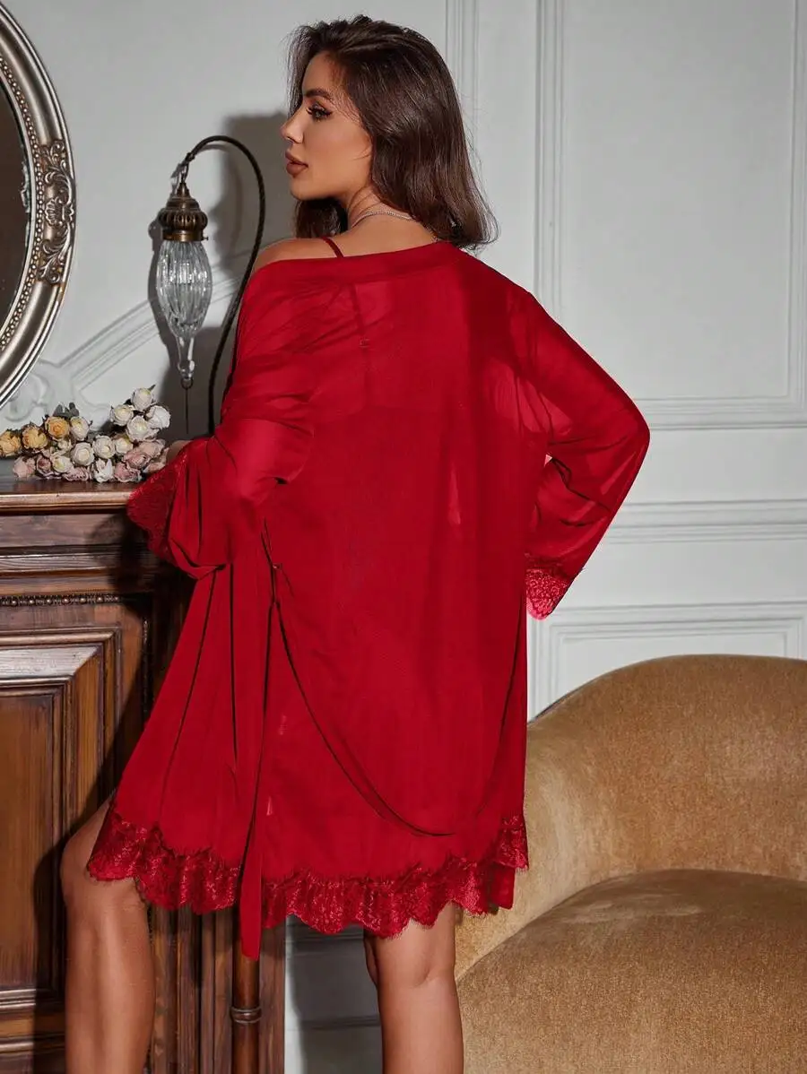 

Women Sexy Solid Red Lace Splice Sleepwear Robe Pajama Set