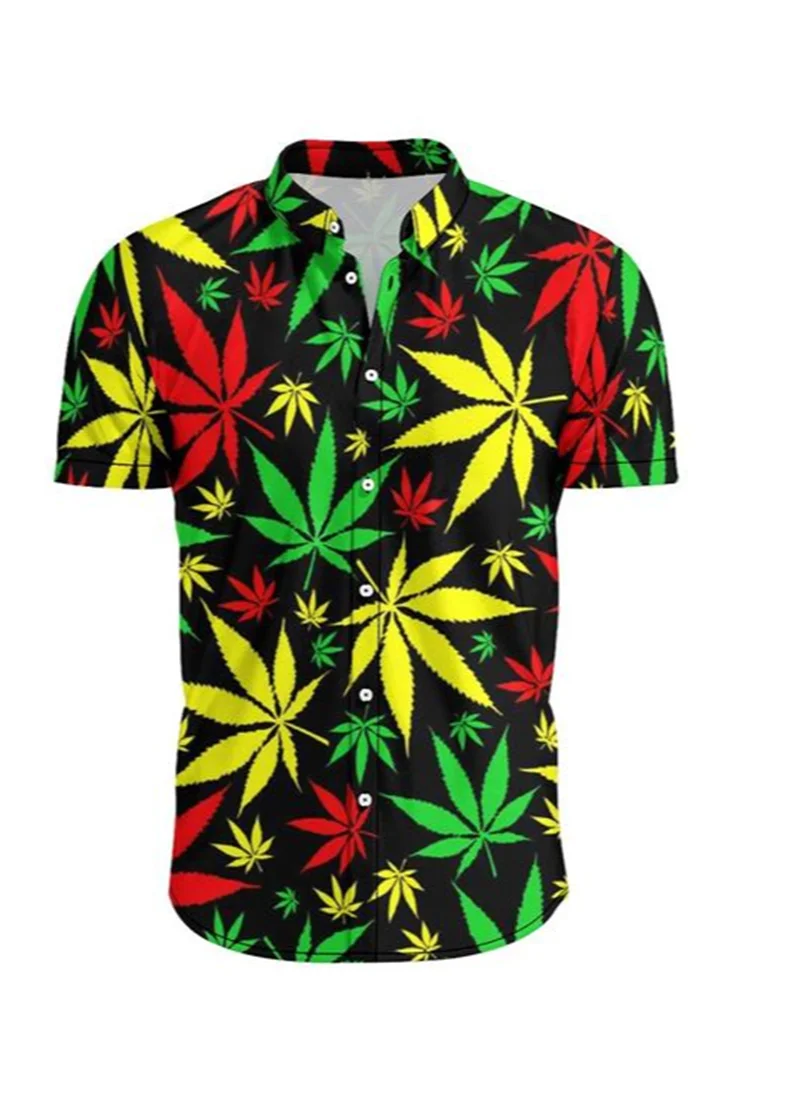 

Summer Beach Shirts For Men Fashion Casual Short Sleeve Lapel Tops Colorful Grass Leaves Print Comfort Shirt With Button Shirts