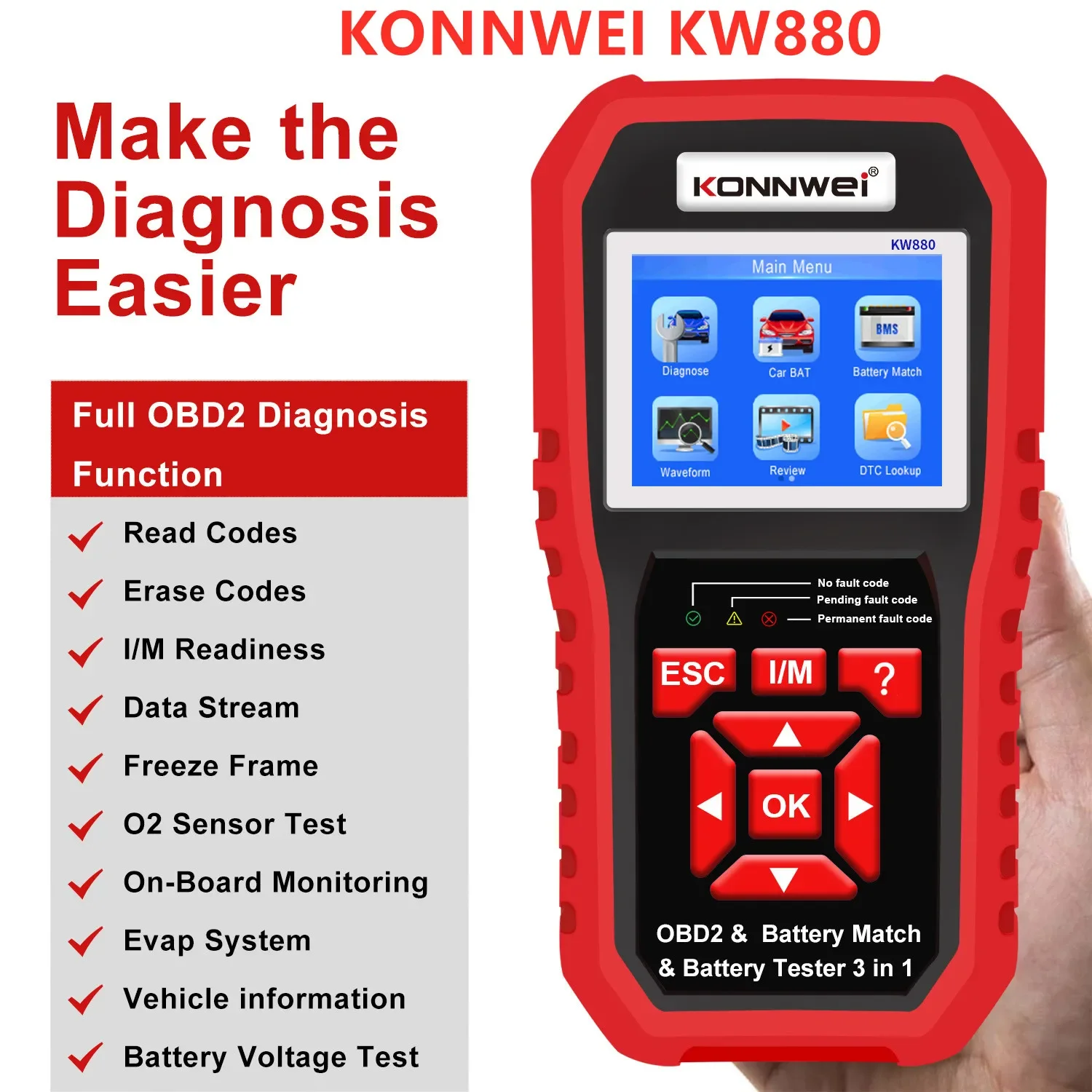 

KONNWEI KW880 Auto Battery Tester OBD2 Diagnostic Fault Scanner For 6V-12V Auto Motorcycle Battery Test battery matching 3 in 1