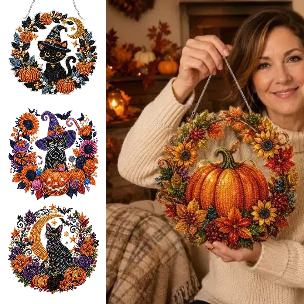 Halloween Diamond Painting Suncatcher Ornament Kit Pumpkin Black Cat DIY Gem Art Hanging Decor Acrylic Window Hanging Craft Kit