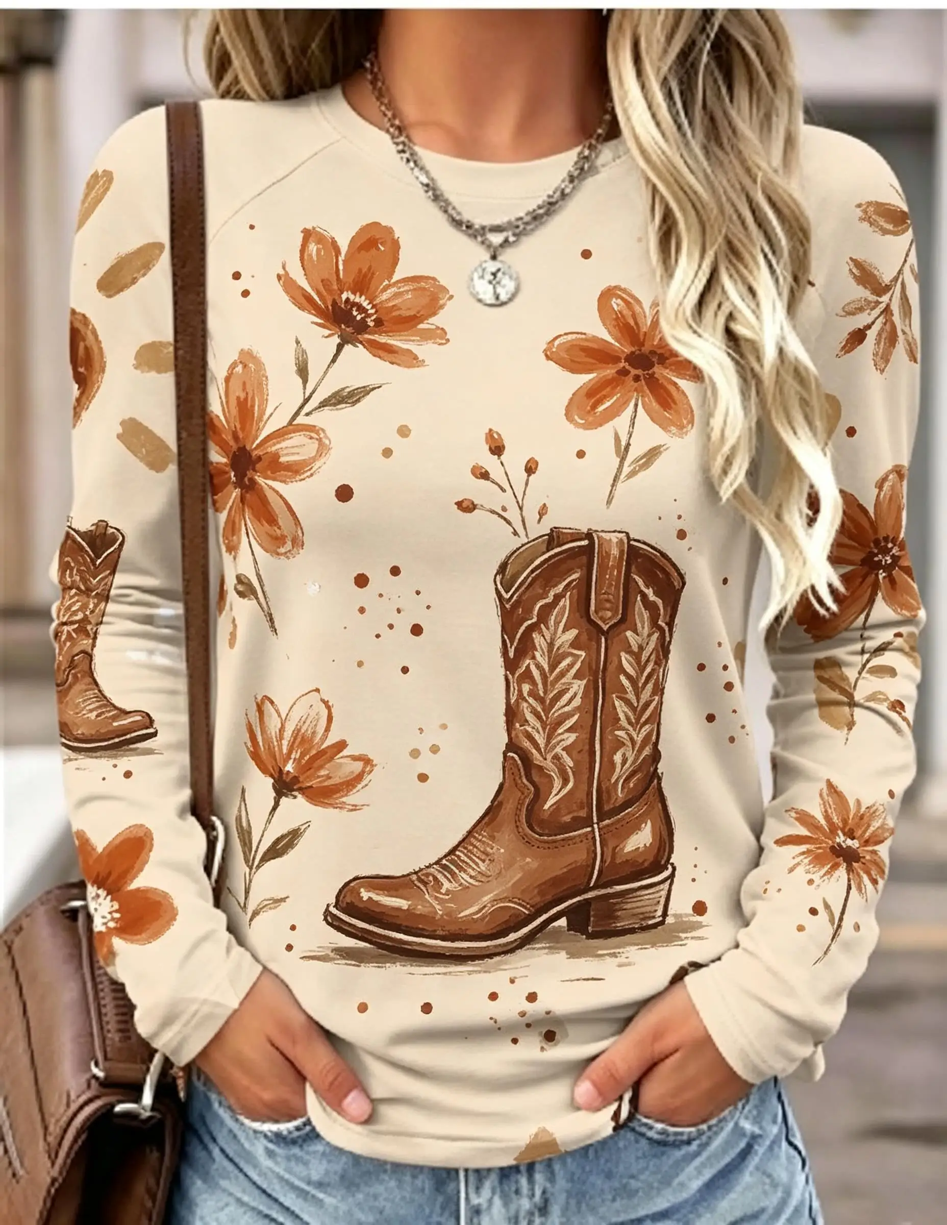 Women Long Sleeve T Shirt Cactus Floral Print Autumn Fashion Casual Holiday Party Top Women's Clothes