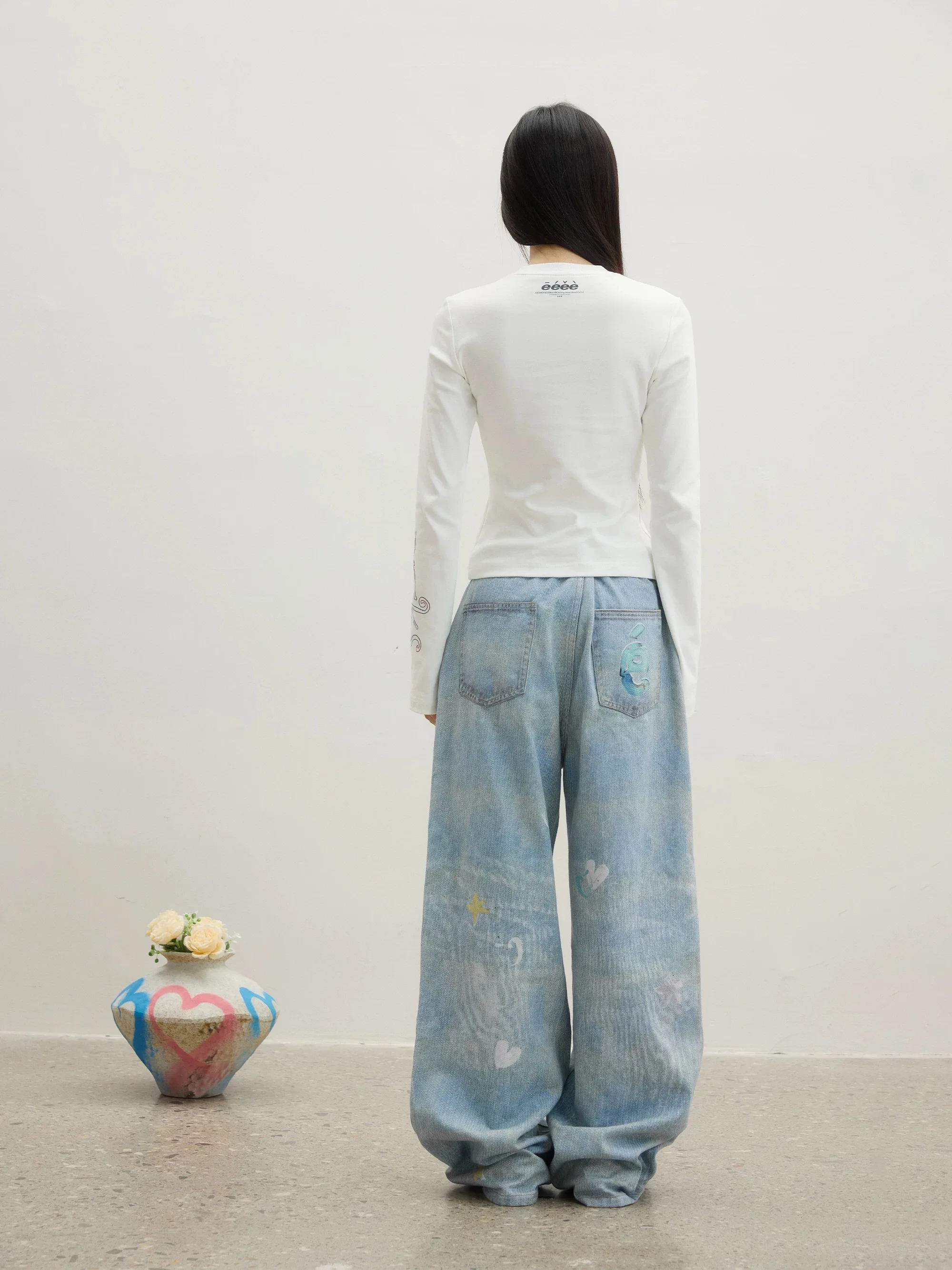 Y2K Puppy Print Jeans Women American Washed Distressed Retro Autumn Trend Loose Straight Wide Leg Pants