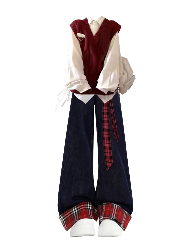 Koreanische College Sle Winter Künstlerische Weste irt Jeans Alter Reduktion Ganze Set ular Faion Ensemble Hohe Taille Lange Hosen