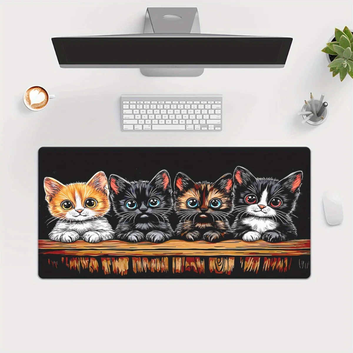 Cute Four Kittens On Shelf Rubber Desk Mat Gaming Mousepad For Office Computer Keyboard