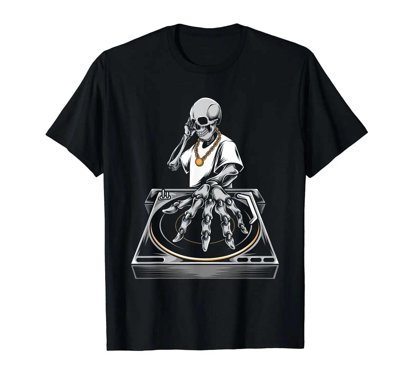 Skeleton DJ Lazy Halloween Costume Skull Disc Jockey Black T Shirt long or short sleeves