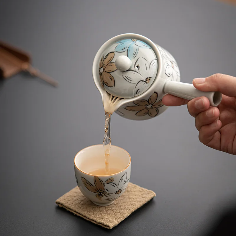 

Ice Gray Manhua Ceramic Side Handle Pot Japanese Underglaze Cherry Blossom Kung Fu Tea Set Teapot Single Tea Infuser Tea Kettle