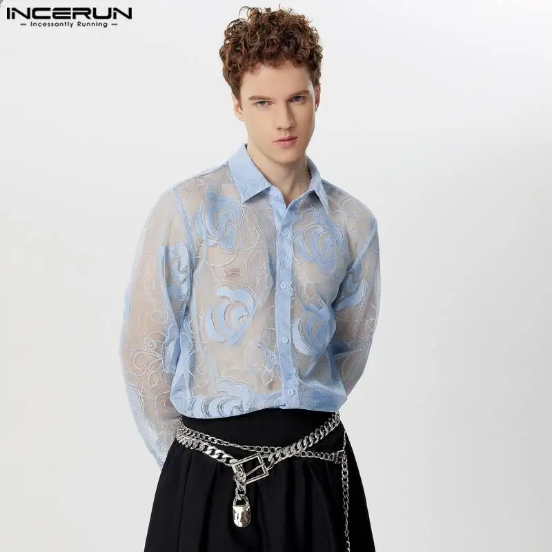 INCERUN Tops 2024 American Style Sexy Men Lace Floral Mesh Hollow See-through Shirt Male Clubwear Thin Long Sleeved Blouse S-5XL