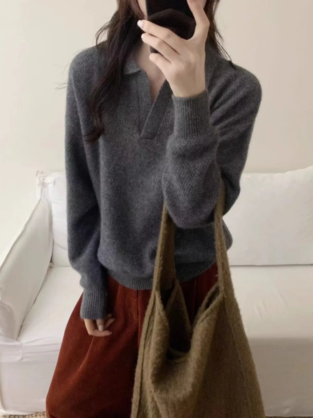 

European Station POLO collar 100 pure cashmere sweater women's winter thickened loose lapel wool knit base sweater