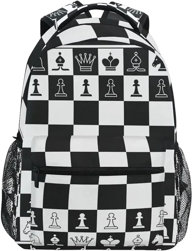 Black White Chess Board Backpack Plaid Bookbag Daypack Travel Hiking Camping School Laptop Bag