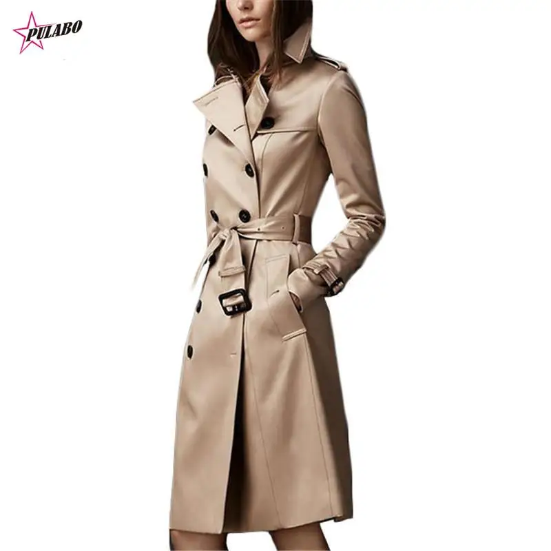 

PULABO Trench Coat Women y2k Autumn Khaki Black and Wine Red S-2XL Double-breasted Long Slim Windbreaker Feminina