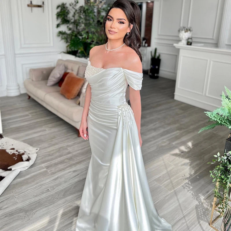 

Thinyfull Sexy Mermaid Prom Evening Dresses Off The Shoulder Pearls Party Dress White 2023 Saudi Arabia Cocktail Gowns Plus Size