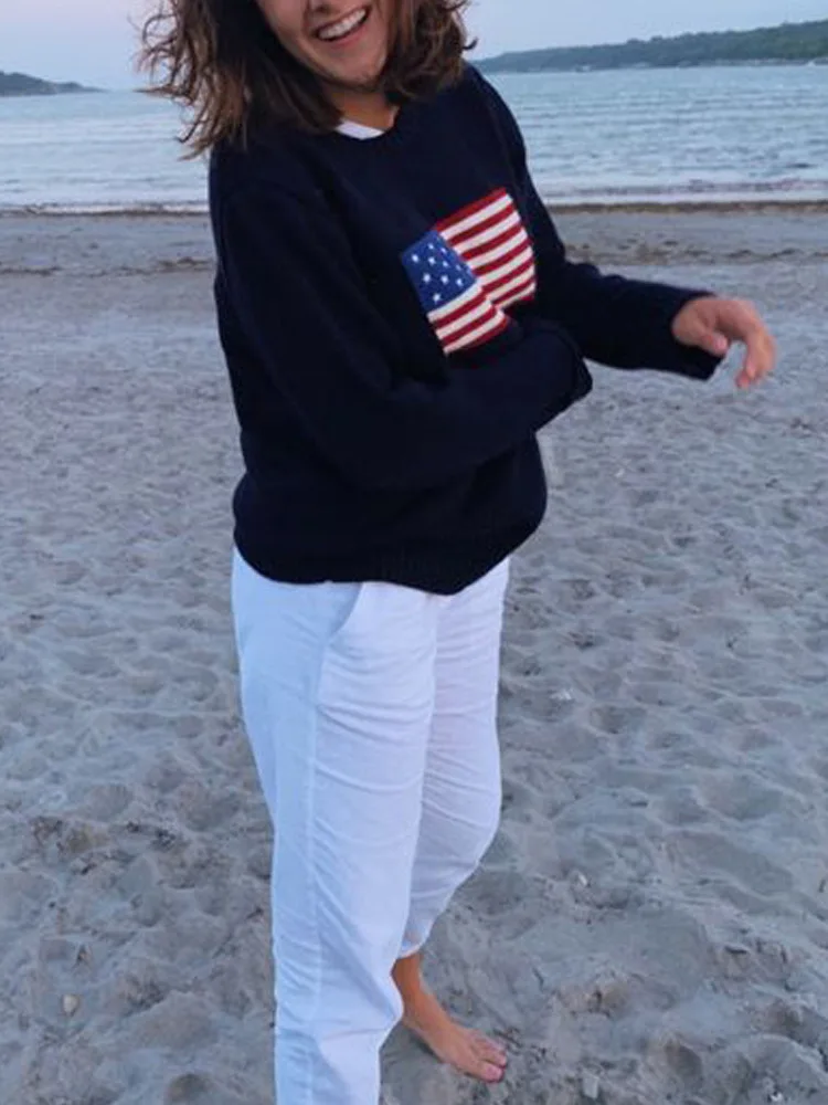 

American Retro Sport Knitted Sweater Loose Women's Faion Street Sle Long Sve Polyester Fiber Y2K Oversized Top