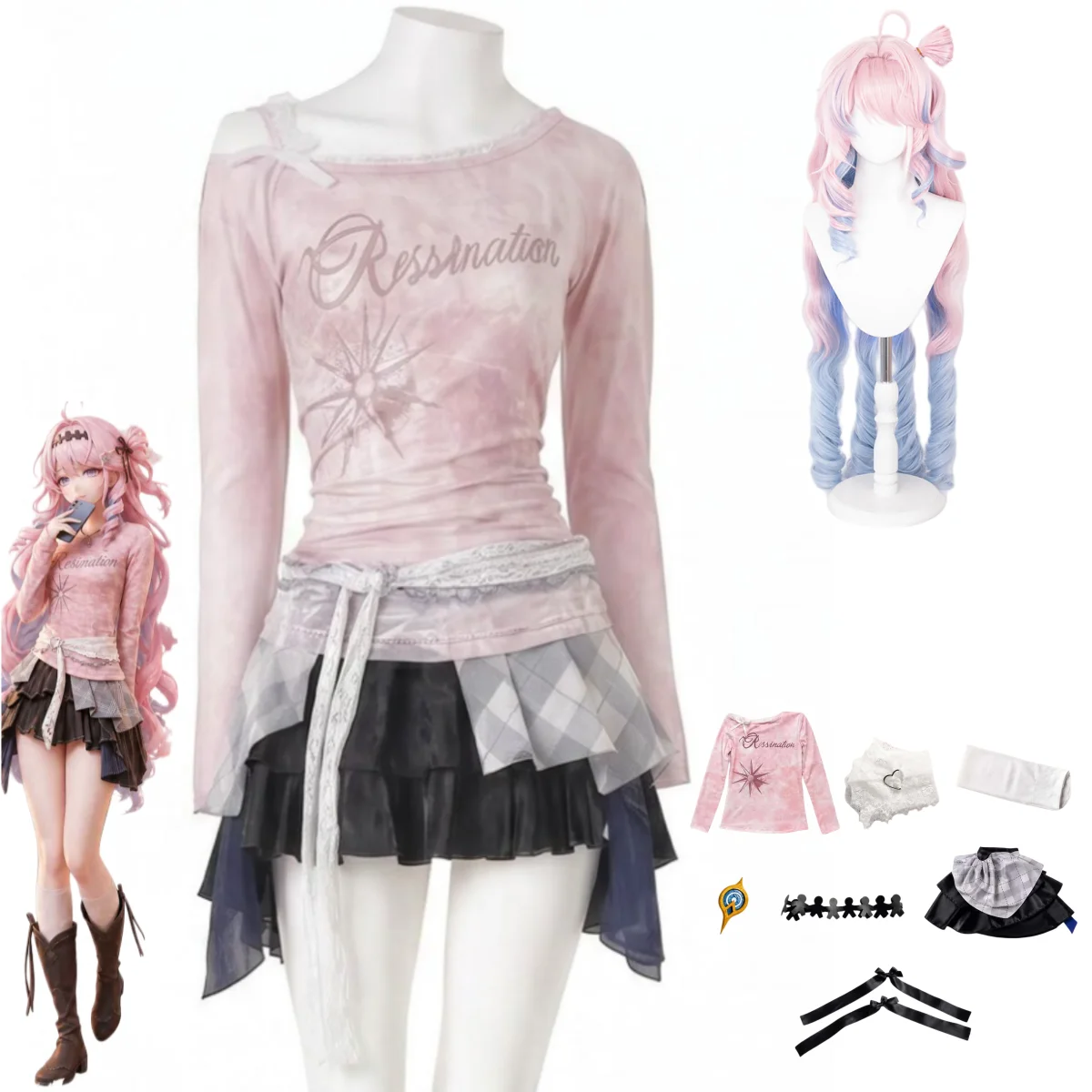 Game Wuthering Waves Denia Cosplay Costume Daily Pink Sloping Shoulders Long Sleeves Skirt Wig Woman Sexy Cute Carnival Suit