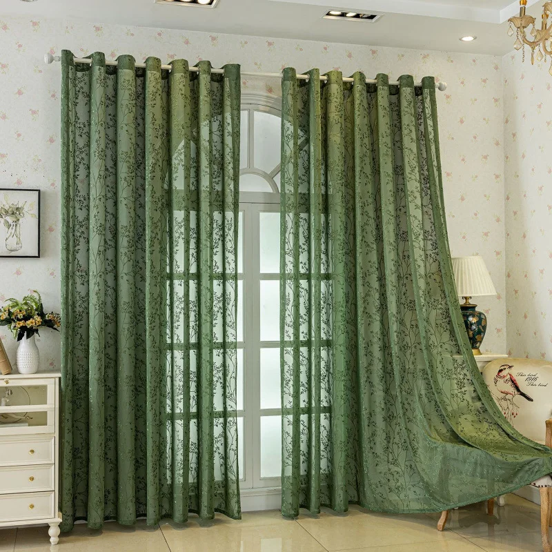 1pc European Style Curtain Sheer Panel For Living Room, Bedroom, Jacquard Simple European Style Green Curtain, Home Decor