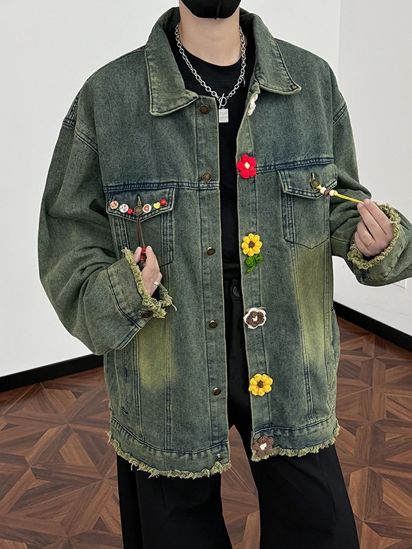 

Мужской джинсовый тюнер с 3D цветочной вышивкой, весенне-осенний новый модный брендовый джинсовый топ, американский винтажный потертый топ