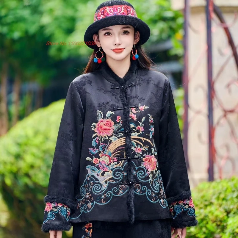 

2025 chinese vintage coat retro hanfu tops national flower embroidery cotton-padded coat oriental ethnic satin jacquard jacket