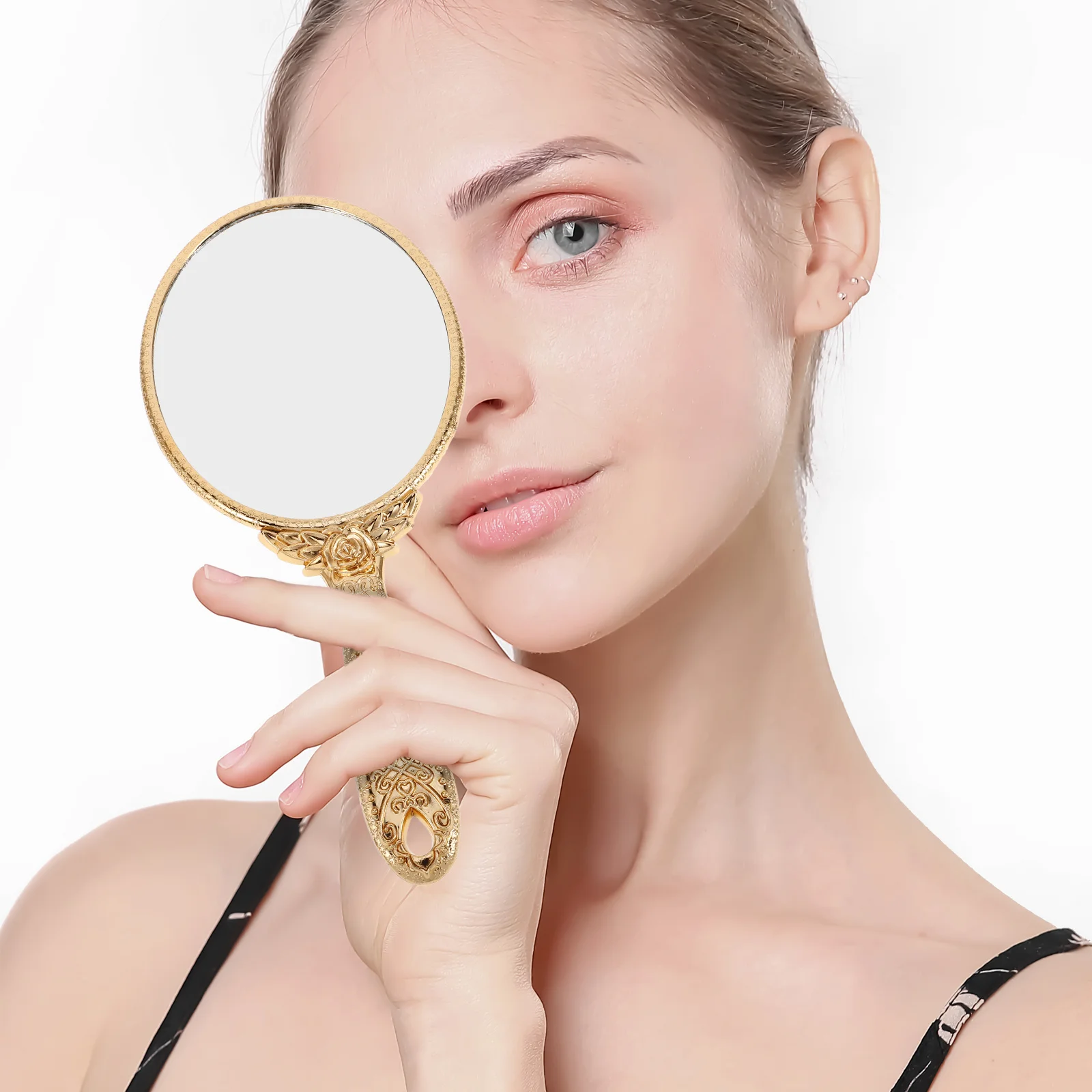 

1Pcs Carved Retro Handheld Makeup Mirror Rose Gold Portable Vintage Mirror Small Oval Shape Outdoor Travel