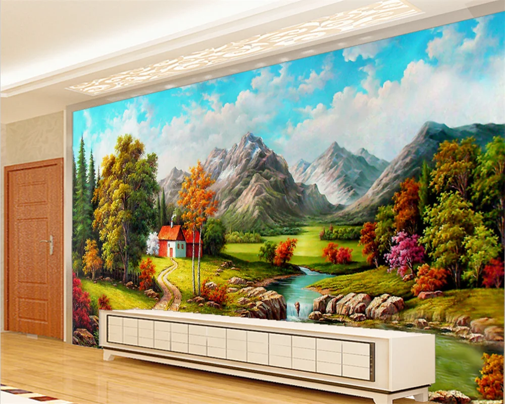 Custom Mural 3d papel de pared Beautiful Rural Landscape Oil Painting Wallpaper Living Room Bedroom Background Wall Decoration