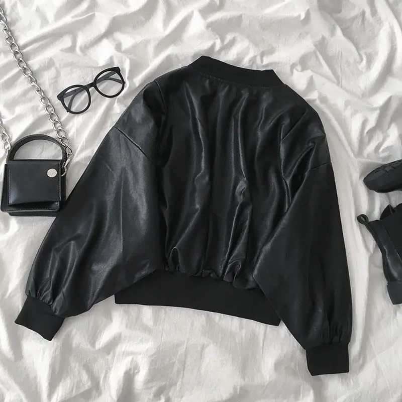 Women PU Leather Jacket Autumn Motorcycle Jacket Long Sleeve Zipper Cardigan Crop Tops Korean Loose Outerwear Black New