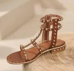 Retro Style Brown Rivet Studded Roman Flat Summer Sandals Women Zipper Side Hollow Open Toe Cow leather Slingback Beach Shoes