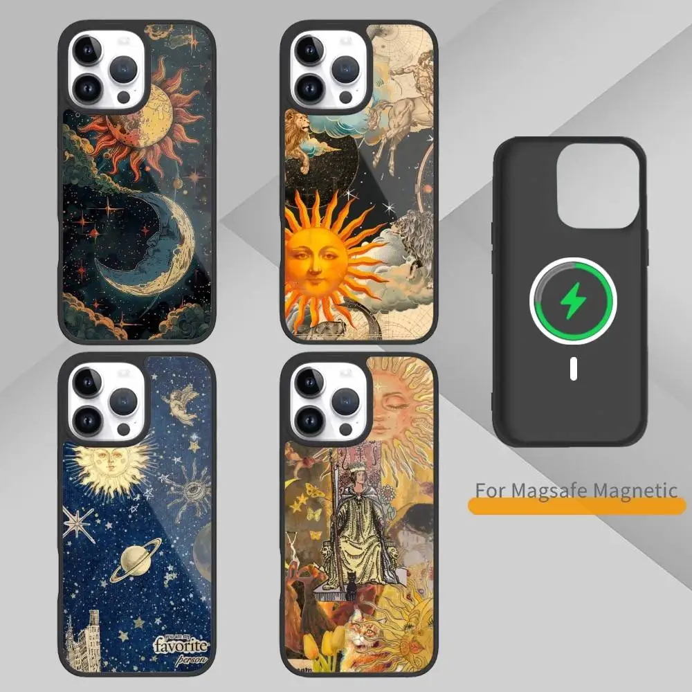 

Retro Tarot Sun Moon Stars Magnetic Phone Case For iPhone17,16,15,14,13,12,11 Plus,Pro Max Magnetic Magsafe Wireless Charging
