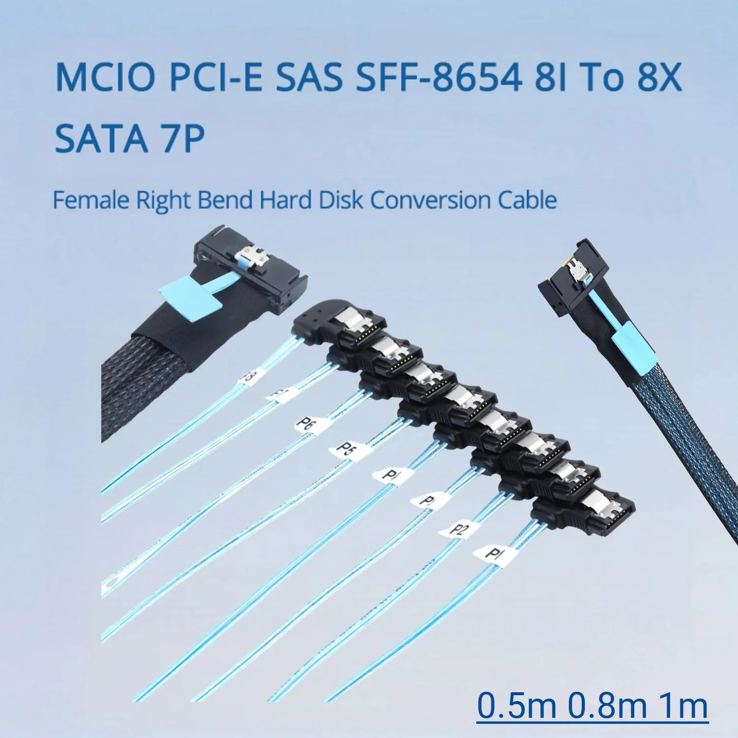 0.5M 0.8M MCIO 74P 8X 8I SAS SFF-8654 8i PCI-E Slimline 5.0 to 8 X SATA 7P Turn Right Bend Female Server Hard Disk Cable 32Gbps