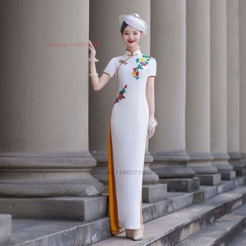 

2025 traditional flower embroidery formal dress chinese improved qipao stage performance cheongsam banquet evening qipao dress