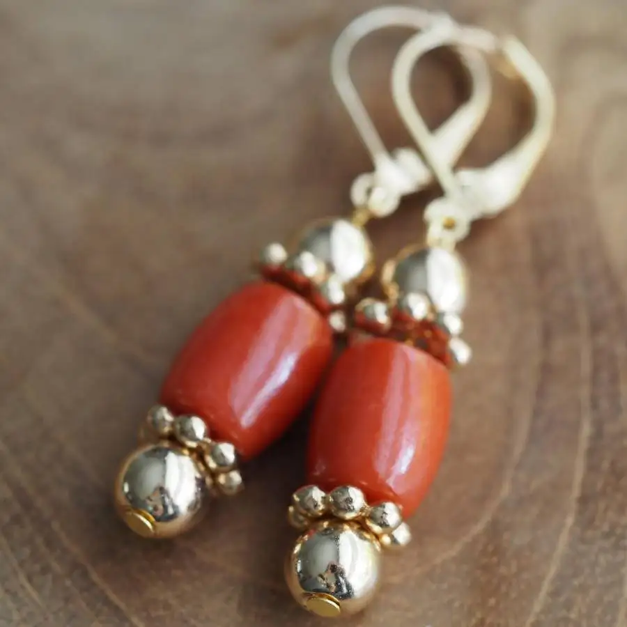 Handcrafted Natural red coral Earring 18K Eardrop Beads Jewelry Cute Eardrop Handmade Dangle Natural Day Beach Clip-on