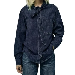 Women's new denim shirt POLO neck bow single breasted decorated sweet commuter temperament casual long sleeve top